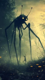 Giant insect-like creature towers over lone figure in forest