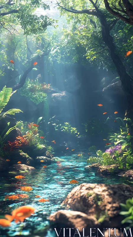 Volumetric-lit jungle stream with koi-like fish in motion.