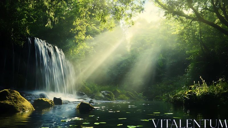 Photorealistic forest waterfall with volumetric light shafts.