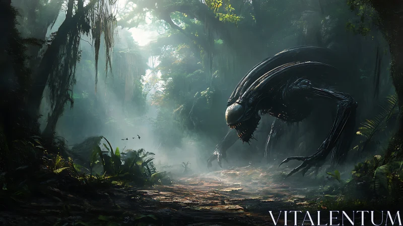 Strange forest sentinel stalks a misty jungle pathway.