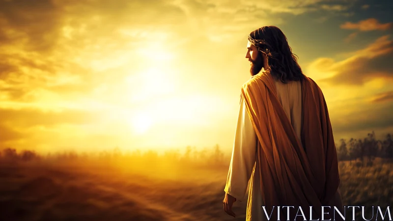 Digital painting of robed figure in radiant sunset landscape.