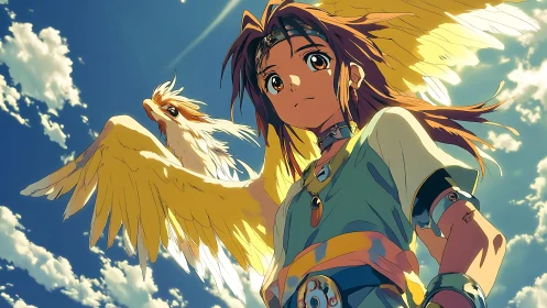 Youth with winged companion under bright sky, anime scene.