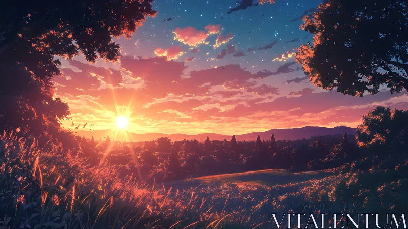 Radiant countryside sunset with luminous clouds and grasses.