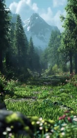 Mountain forest path under clear summer light, lush bloom.