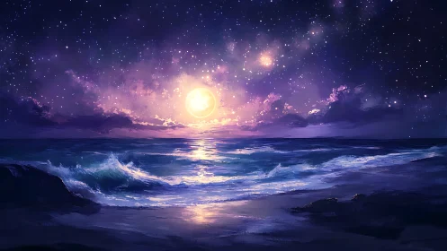 Lunar-illuminated ocean horizon rendered in luminous digital painting