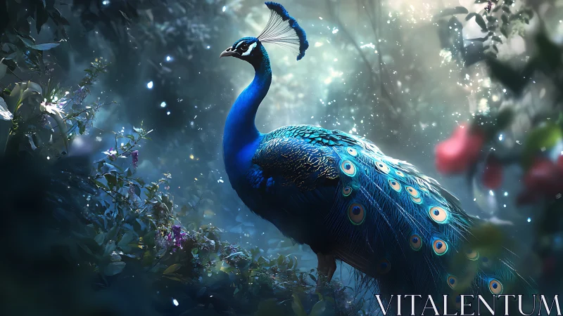 Bioluminescent forest peafowl under volumetric god-rays.