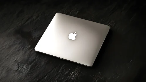 Sleek silver laptop resting on a dark stone surface.
