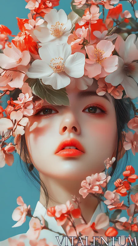 Hyperreal floral portrait with chromatic facial emphasis.