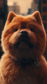 Fluffy city chow chow gazing softly at the evening light.