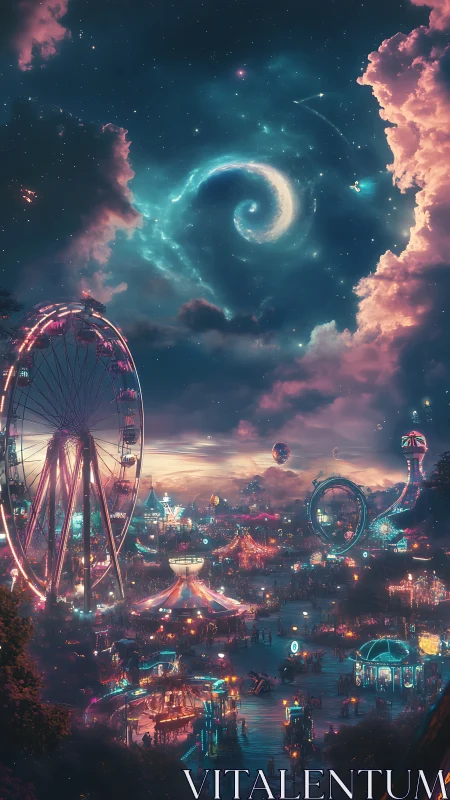 Celestial carnival whirls beneath a spiral-blooming sky.