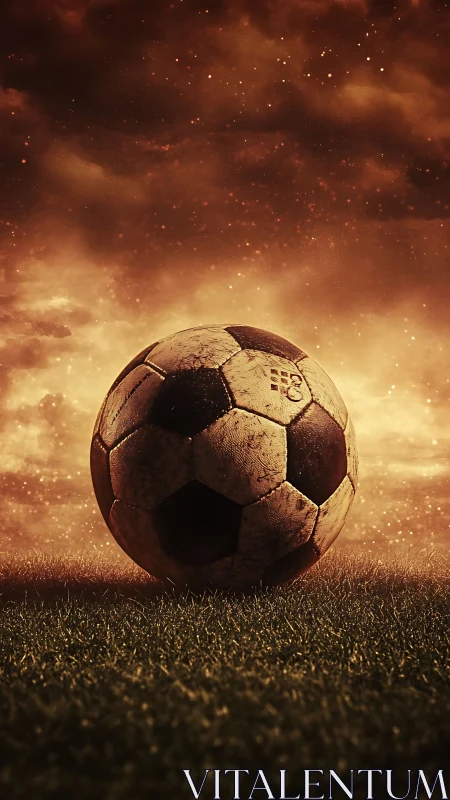 Weathered soccer ball under fiery dramatic sky at dusk.