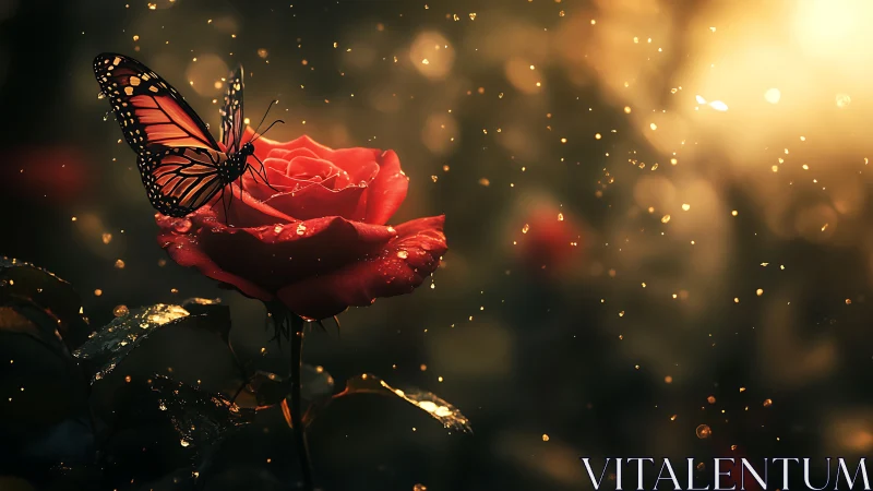 Monarch butterfly resting on dewy red rose at sunset.