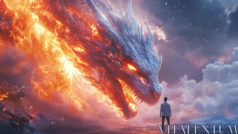 Thermal-plasma dragon confronting solitary human observer.