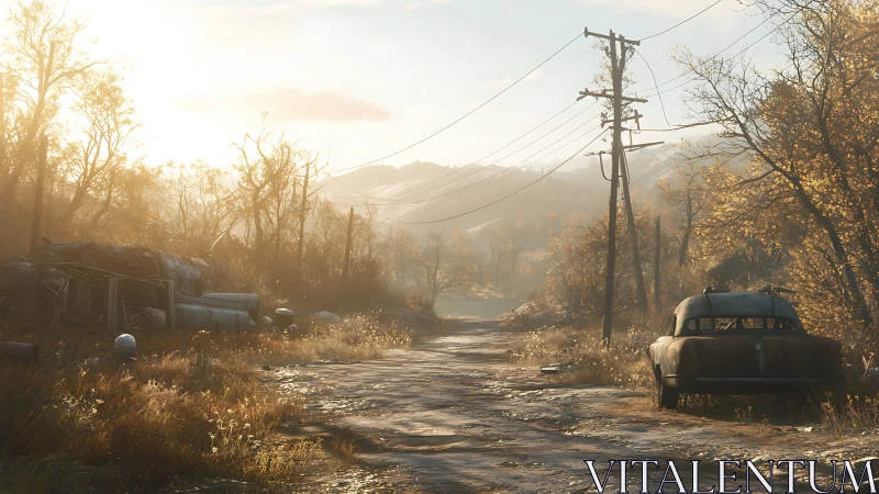 Post-apocalyptic rural road rendered in warm volumetric light