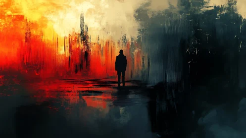 Lone wanderer adrift between ember skyline and shadowed void.