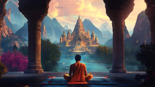 Monk in orange robe meditating before river temple at dawn.