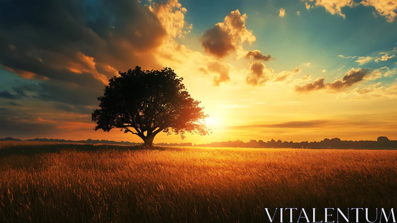 Lone tree in golden wheat field at vivid sunset sky.