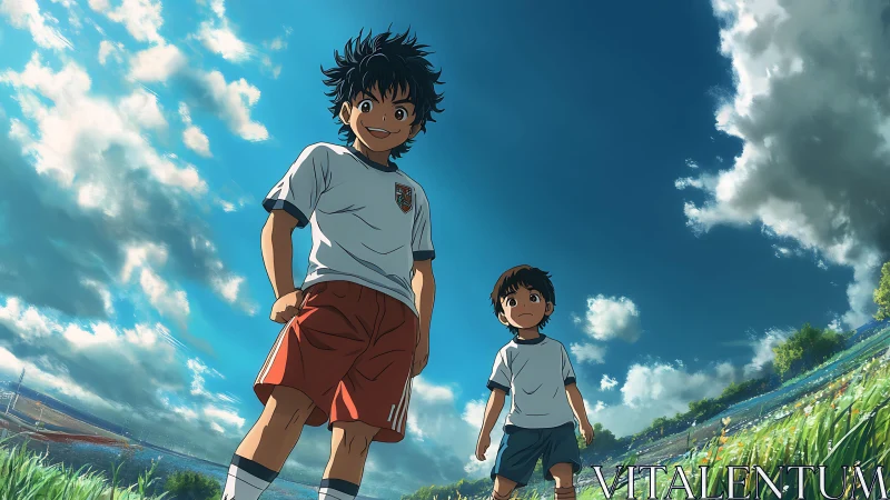 Youth soccer players under dynamic summer sky panorama.