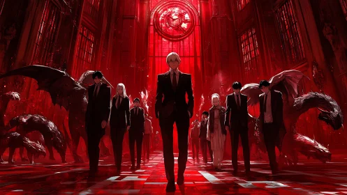 Crimson cathedral march of suited demon hunters in red light.