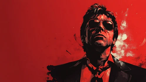 Stylized male figure with sunglasses on red background.