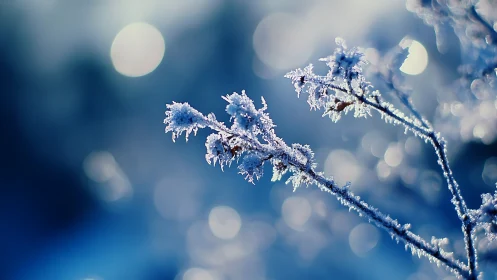 Frost kissed branches sparkling softly in winter blue light.