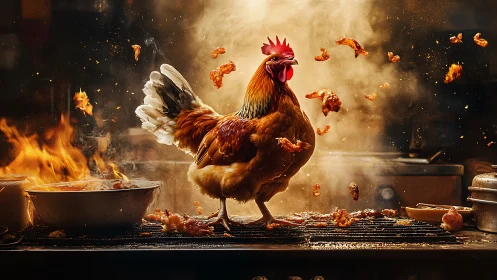 Fiery Rooster in Blazing Kitchen Chaos.
