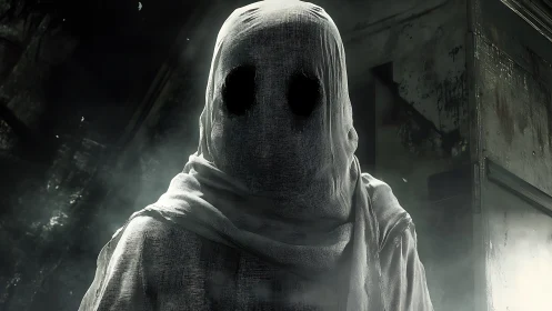 Shrouded ghostly figure waits quietly in a ruined hallway