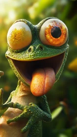 Playful big-eyed gecko grinning with wild goofy energy.