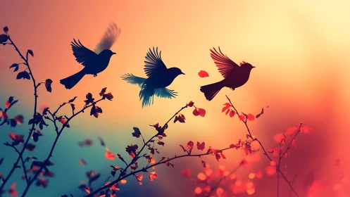 Silhouetted songbirds gliding over crimson bokeh foliage.