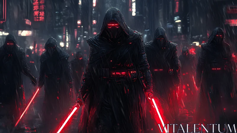 Hooded warriors stride through neon rain with glowing blades.