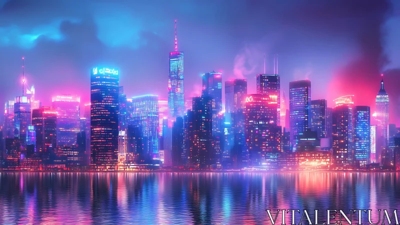 Neon-swept future skyline melting into electric harbor light.