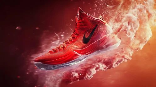 Flaming red sneaker rockets through swirling ember clouds.