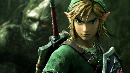 Determined fantasy hero stands ready against looming shadow