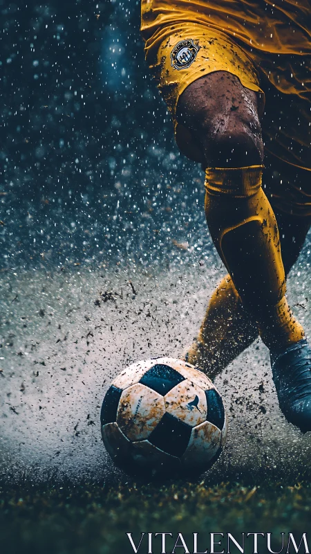Soccer player drives muddy ball through rain-soaked pitch
