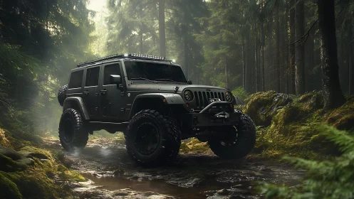 Matte army SUV conquers misty forest rock trail.