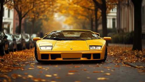 Yellow supercar glows amid autumn leaves on city street.