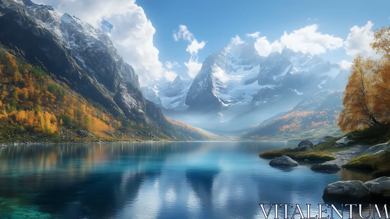 Mountain lake reflects snow peaks and autumn forest in daylight