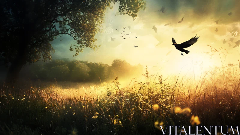 Backlit meadow panorama with silhouetted birds in golden haze