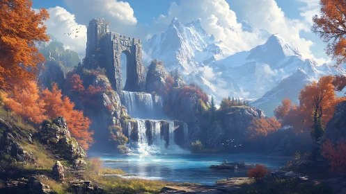 Ancient stone arch above tiered waterfalls in autumn valley.