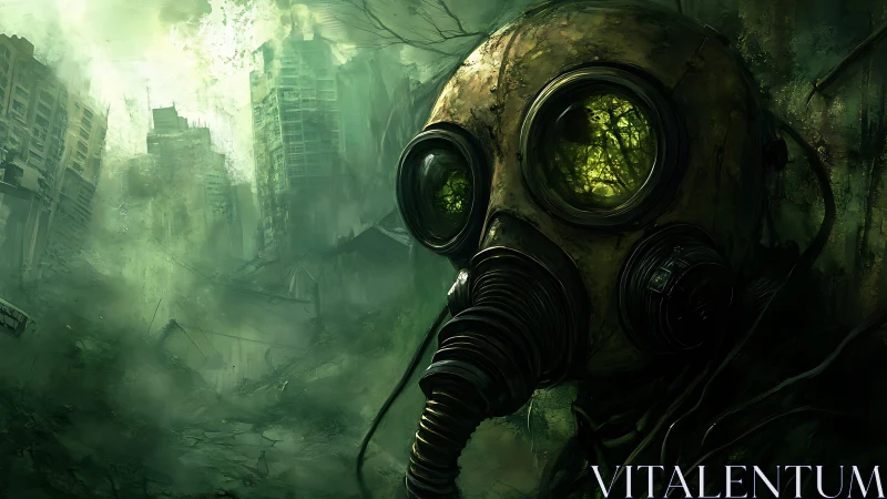 Gas mask figure stands in decayed, overgrown city ruins