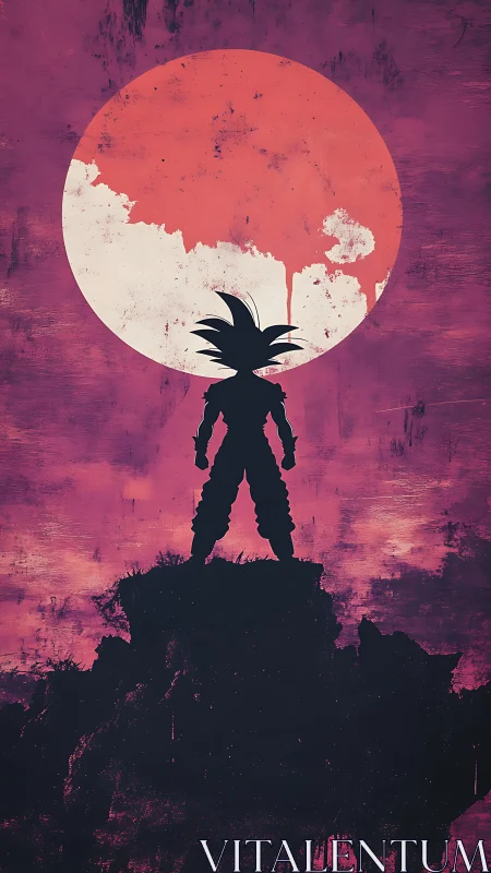 Silhouetted warrior poised before a painted cosmic moon.