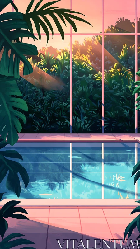 Sunlit indoor pool with lush tropical foliage reflections.