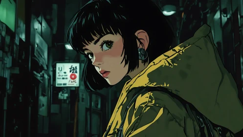 Neon alley portrait of short haired woman in yellow parka coat