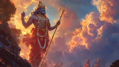 Divine warrior towers over sunset clouds and temples.