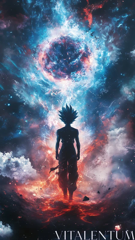 Stargazed warrior strides into a roaring cosmic eclipse