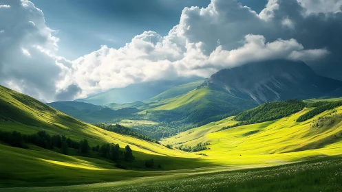 Sunlit green valley beneath dramatic storm clouds.