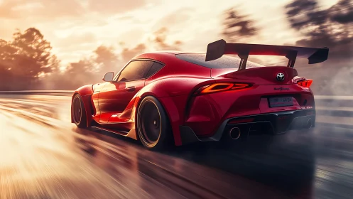 Red Toyota sports car on wet track at sunset in motion.