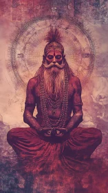 Ascetic yogi levitates before mandala in crimson haze.