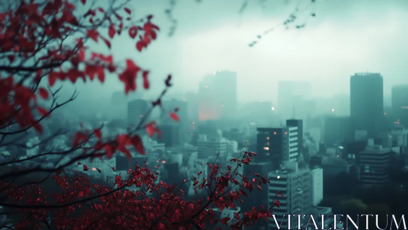 Scarlet autumn branches overlook a mist-shrouded cityscape.