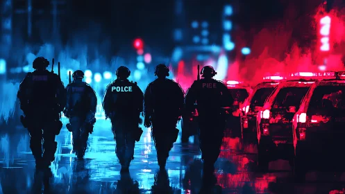 Backlit police squad advances through neon lit wet urban street